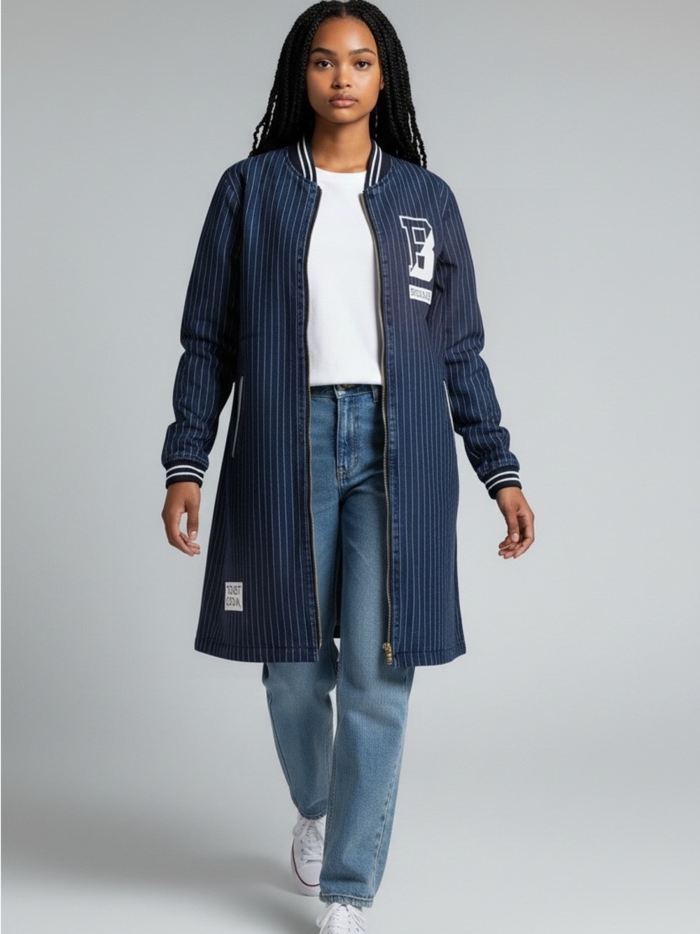 Pinstripe Navy omber Coat with Zip Front by - Picture 2 of 5